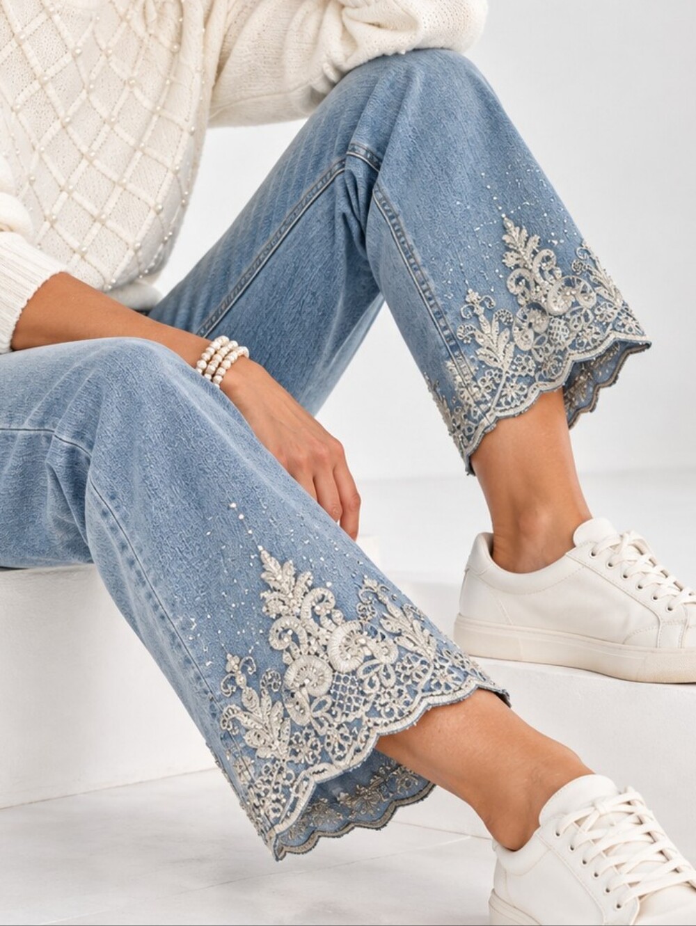 Orly Jeans Embellished Hemline Rhinestone Metallic Embroidery NWT